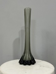 Vtg Smoked Gray White Cased Art Glass Ribbed Funky Unique Tower Vase 12” Tall