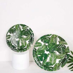 25 WHITE 9″ Round Paper Plates with TROPICAL Leaves Design Disposable Tableware