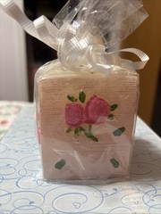 Pink Roses Square Candle Gift Wrapped With White Ribbon Rare Unscented New