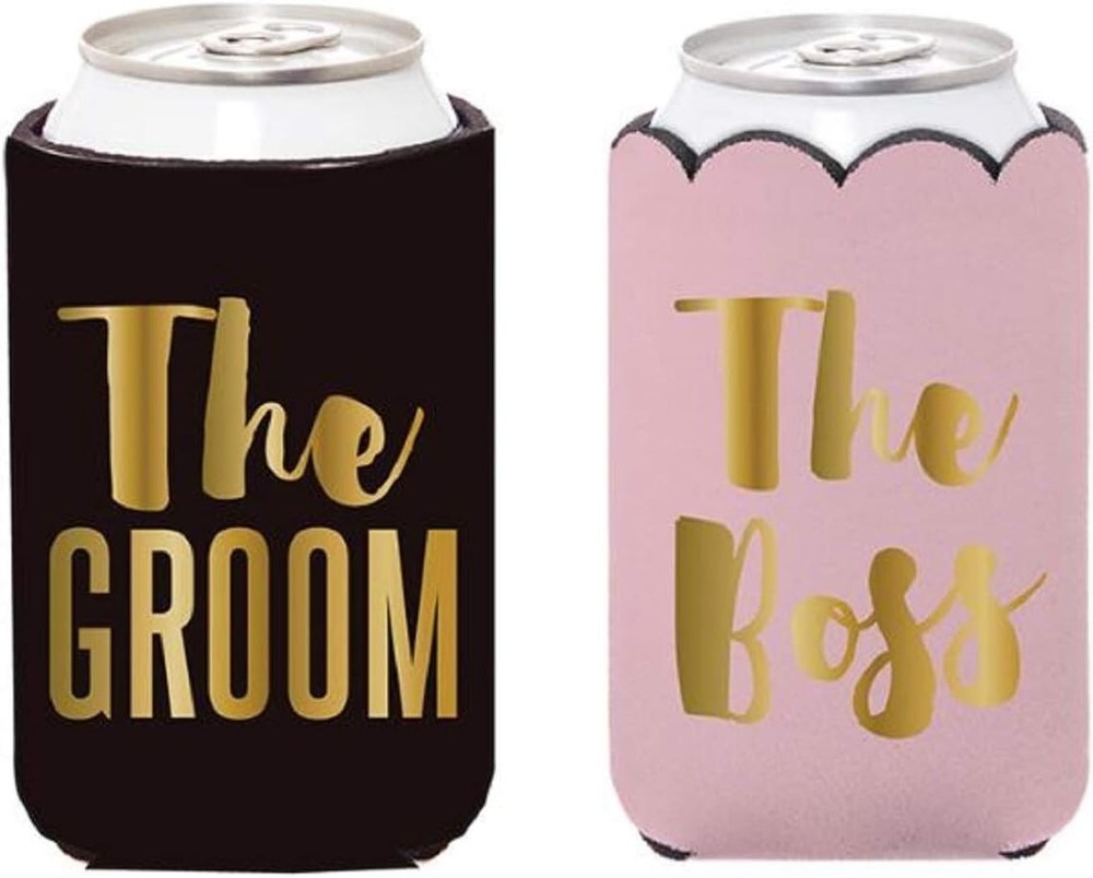 Set of 2 Insulated Can Koozie Cover for Weddings The Groom & The Boss (Bride)