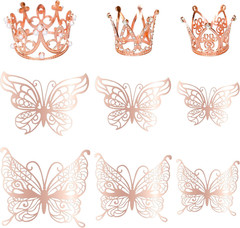 9 Pack Crown Cake Toppers Mini Tiara 3D Gold Butterfly Decoration Vintage Pearl