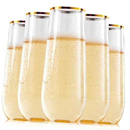 24 Pack 9 Oz Plastic Stemless Gold Rim Gold Rim Plastic Champagne Flutes