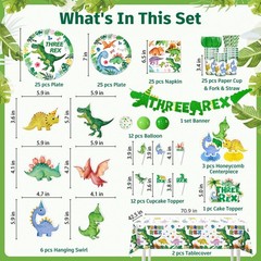 Three Rex Birthday Decorations Boy – 187 Pieces Set for 25 Guests, Includes T…