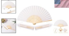 50pc White Fabric Bamboo Hand Fans w/ Organza Bags