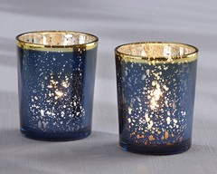 24+ Navy Blue, Gold Mercury Glass Tea Light Candle Holder Bridal Wedding Favor
