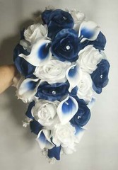 Navy Blue White Rose Calla Lily Bridal Wedding Bouquet Accessories