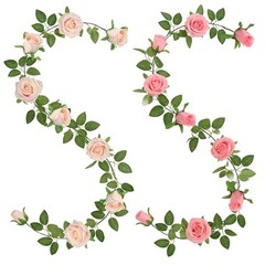 2Pack Artificial Rose Flower Garland 6.5FT Fake Rose Vine Peach Deep Pink
