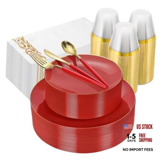 3PCS Plastic Dinnerware Set and Gold Rim Disposable Plates for Party – 50 Red