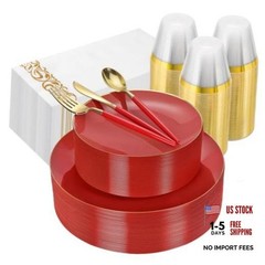 3PCS Plastic Dinnerware Set and Gold Rim Disposable Plates for Party – 50 Red