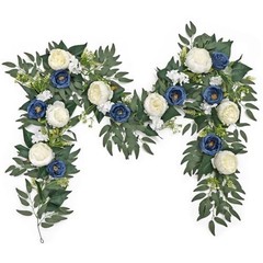 Flower Garland Artificial Rose Vine Flowers with Green Leaves 2PCS Blue&white