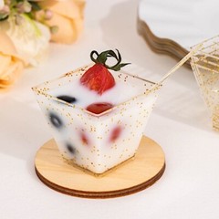 24 CLEAR 2 oz GOLD Glittered Square Plastic Dessert CUPS Spoons Set Party Events