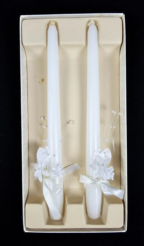2 Hallmark Wedding Collection Candles 9 1/2″ Taper White Floral Ribbons