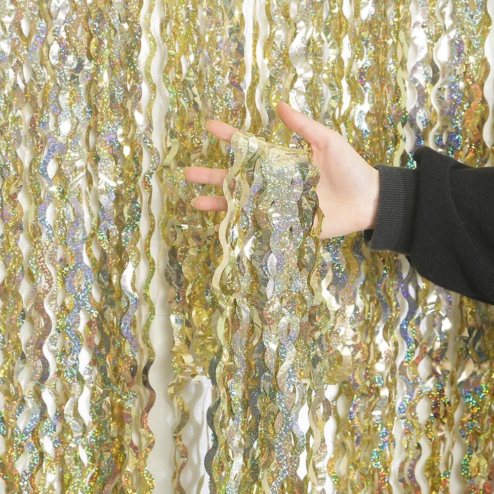 4 Pack Wavy Champagne Gold Foil Fringe Curtain Backdrop