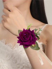 Wrist Corsage and Boutonniere Set, Velvet Purple Roses Corsage, Men Boutonnie…