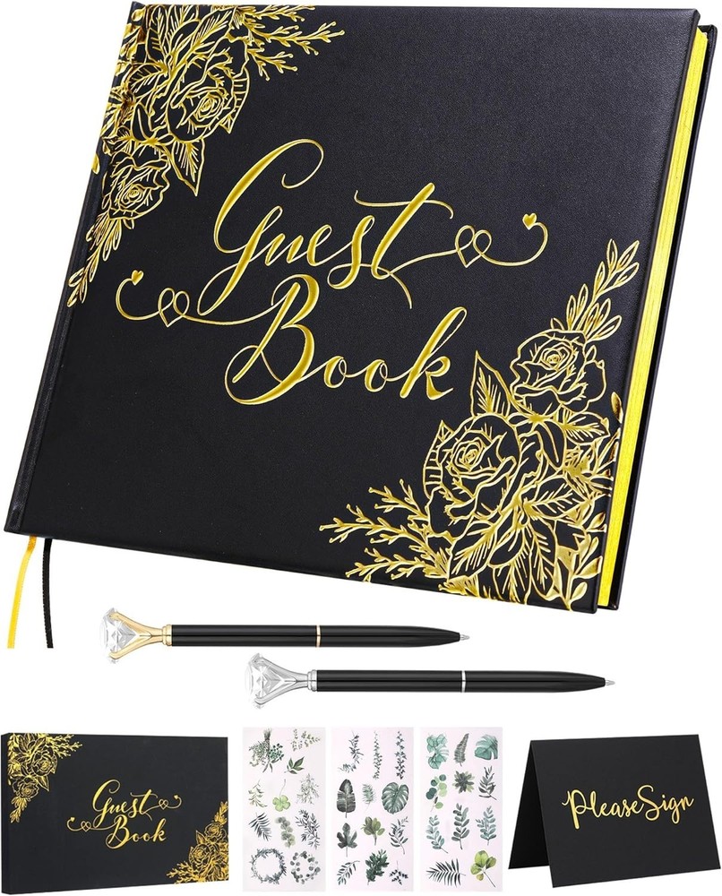 Black Wedding Guest Book with Pens – 9×7″ Gold Foil Hardcover Sign-in Album