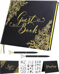 Black Wedding Guest Book with Pens – 9×7″ Gold Foil Hardcover Sign-in Album