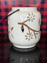 Vintage Pierced Ceramic Tealight Candle Holder Cutout Bird Branch Leaves Decor