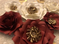Paper Flowers set of 6 with leaves, Backdrop, Wedding, Nursery, Red, White, Gold