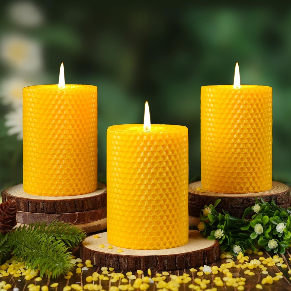 Makalone 3 Pack Natural Beeswax Pillar Candles2.8X4In Handmade Beeswax Rolled