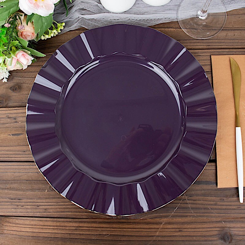 10 PURPLE 11″ Round PLASTIC Salad Dinner PLATES Gold Wavy Rim Wedding Party
