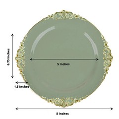 10 DUSTY SAGE GOLD 8″ Round Plastic Salad Dinner PLATES Embossed Baroque Rim