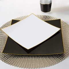 10 WHITE 8″ Square Concave Plastic Salad Dinner PLATES Gold Rim Party Events
