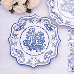 25 White 10″ Paper Dessert Plates Blue Floral Print Scalloped Rim Party Events