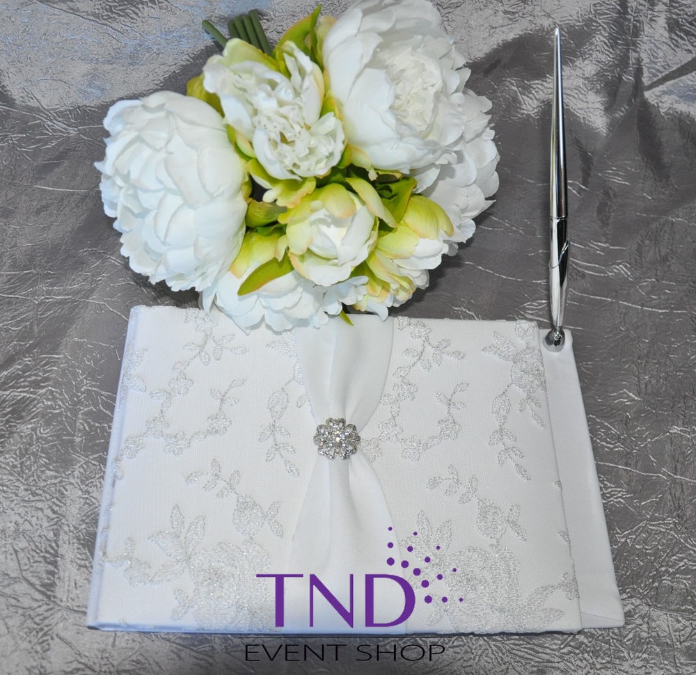GUEST BOOK AND PEN SET WITH FLORAL PATTERN & RHINESTONE FLOWER BY VICTORIA LYNN