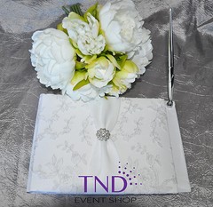 GUEST BOOK AND PEN SET WITH FLORAL PATTERN & RHINESTONE FLOWER BY VICTORIA LYNN