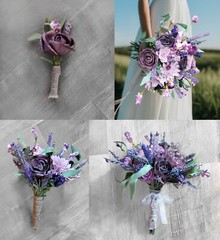 4PC Purple Lavender 1 Bridal Bouquet & 1 Bridesmaid Sola Wood Wildflower Wedding
