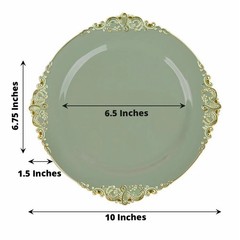 10 DUSTY SAGE GOLD 10″ Round Plastic Salad Dinner PLATES Embossed Baroque Rim