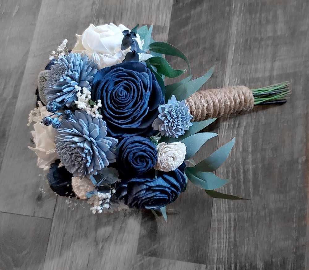 Navy Dusty Blue White Bridal Bouquet Sola Wood Bridesmaid Decor Flower Bouquet