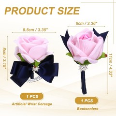 2Pcs Wrist Corsage Boutonnieres Set with Navy Blue Ribbon, Light Pink