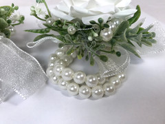 White Rose Corsage and Boutonniere Set Pearl Wristlet For Wedding 2 Pcs