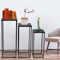 3Pc Black Metal Square Plant Stands Set Tiered Display 20×20×50–26×26×70 cm