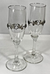 Pair Champagne Flutes Pewter Overlay Doves Heart Wedding Toast Glass