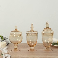 3 pcs Amber Gold Trim Glass Apothecary Jars Containers with Lids Decorations