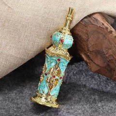 Vintage Enamel Peacock Blue Perfume Bottle Hollow Metal 0.4 Ounces,