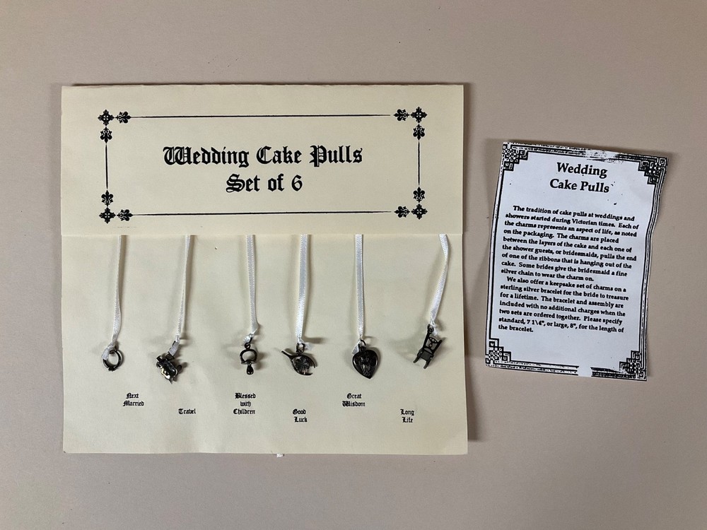 Vintage Silver Wedding Cake Pulls, 6 Charms + Ribbons on card