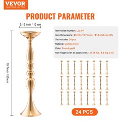VEVOR 24PCS 50cm/19.7” Wedding Flower Vase Metal Gold Floral Stand for Table
