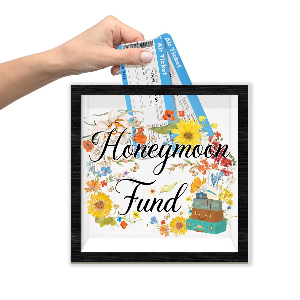 Honeymoon Fund Shadow Box Frame with Slot, Floral Wedding Money Black