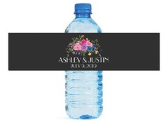 Pastel Roses on Black Wedding Bridal Anniversary Birthday Water Bottle Labels