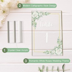 White Rose Acrylic Wedding Table Numbers 120 Stands 4×6 Inch Clear Signs Set