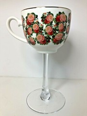 Floral Bone China Teacup Wine Glass Gold Trim Roses Petunia PAIR Wedding Shabby