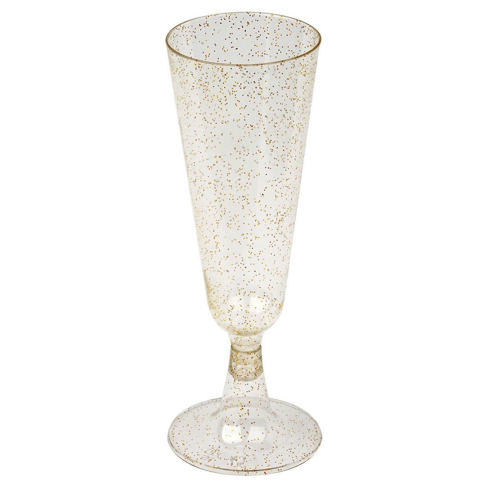 5 oz Disposable Gold Glittered Clear PLASTIC Champagne GLASSES Party TABLEWARE