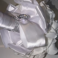 Artificial White Rose Wedding Bouquet 9in w/ Satin Ribbon Handle & Rhinestones