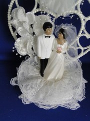 New Vintage African American Dark skin Bride & Groom Heart Wedding CakeTop, #340