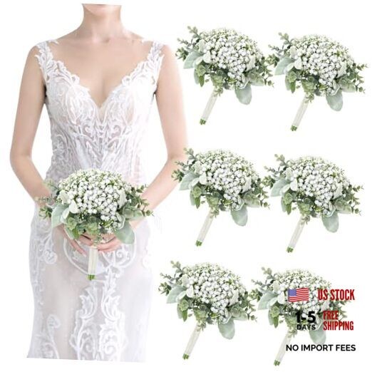 Wedding Artificial Bridesmaids Set of 6 Bridesmaid Bouquets White Gypsophila