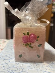 Pink Roses Square Candle Gift Wrapped With White Ribbon Rare Unscented New