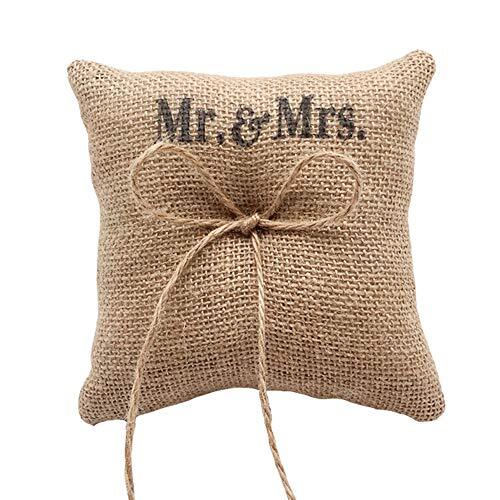 Hessian Burlap Jute Bow Twine Bridal Wedding Ring Pillow 15 x 15cm Mr & Mrs